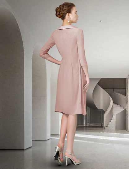 Two Piece Sheath / Column Mother of the Bride Dress Wedding Guest Church Elegant Plus Size Jewel Neck Knee Length Chiffon Lace Half Sleeve Wrap Included Jacket Dresses with Ruched Appliques