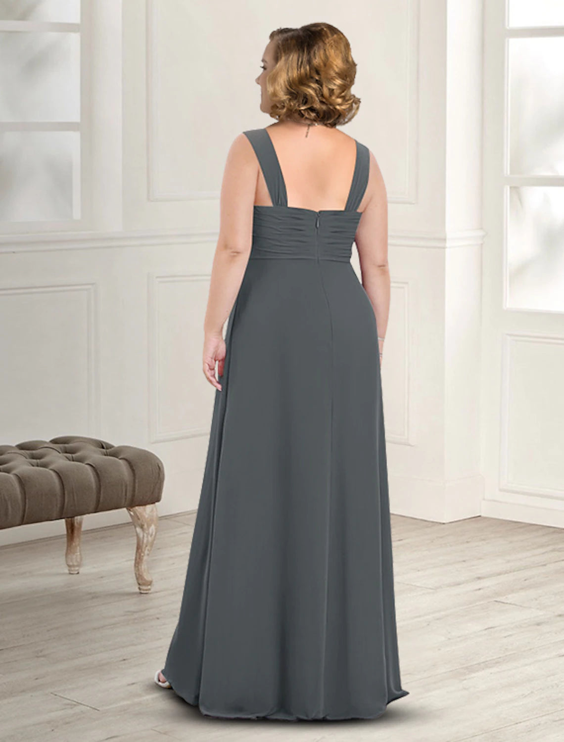Two Piece A-Line Mother of the Bride Dress Wedding Guest Elegant Plus Size Square Neck Floor Length Chiffon Sleeveless Jacket Dresses with Pleats
