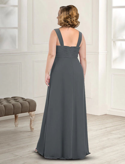 Two Piece A-Line Mother of the Bride Dress Wedding Guest Elegant Plus Size Square Neck Floor Length Chiffon Sleeveless Jacket Dresses with Pleats