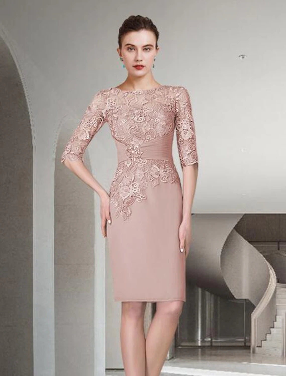 Two Piece Sheath / Column Mother of the Bride Dress Wedding Guest Church Elegant Plus Size Jewel Neck Knee Length Chiffon Lace Half Sleeve Wrap Included Jacket Dresses with Ruched Appliques