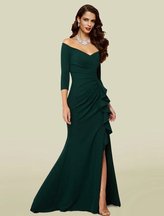 Mermaid / Trumpet Mother of the Bride Dress Wedding Guest Elegant Sexy Off Shoulder V Neck Court Train Stretch Fabric 3/4 Length Sleeve with Draping Split Front