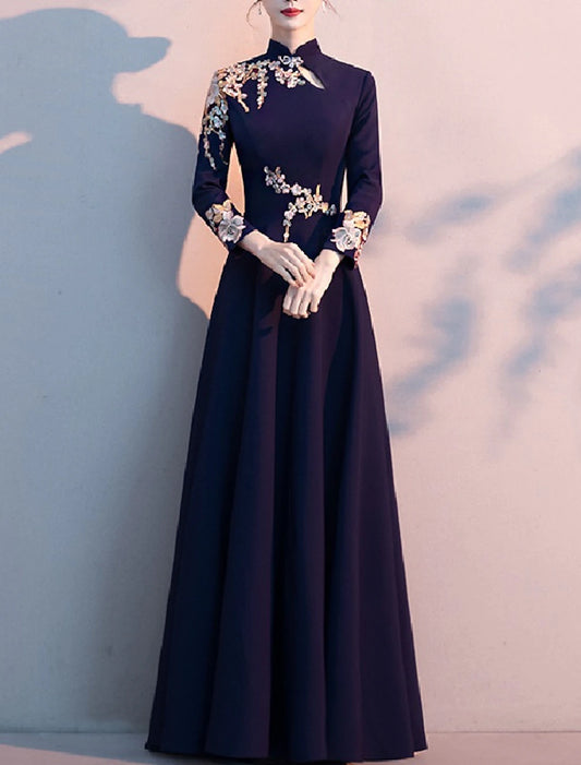 A-Line Mother of the Bride Dress Elegant Simple High Neck Floor Length Stretch Fabric Long Sleeve with Pleats Appliques