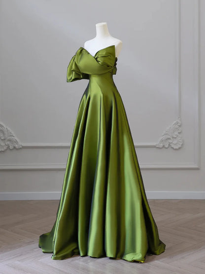 A-Line V Neck Satin Green Long Evening Dresses Green Long Formal Dress