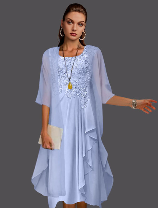 Two Piece A-Line Mother of the Bride Dress Wedding Guest Elegant Scoop Neck Knee Length Chiffon Lace Sleeveless Jacket Dresses