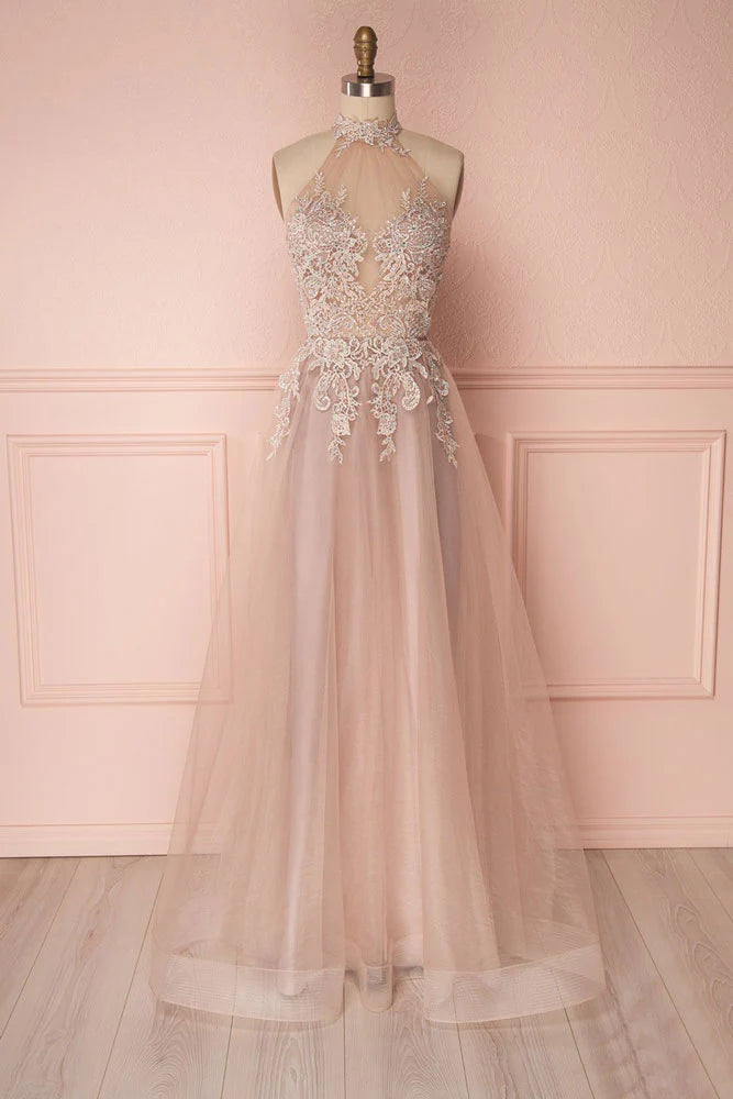 Unique lace applique tulle long prom dress tulle prom dress