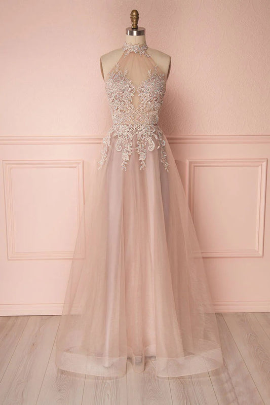 Unique lace applique tulle long prom dress tulle prom dress