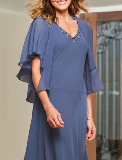 Two Piece A-Line Mother of the Bride Dress Wedding Guest Elegant Plus Size V Neck Tea Length Chiffon Short Sleeve Wrap Included Short Jacket Dresses with Beading Ruffles