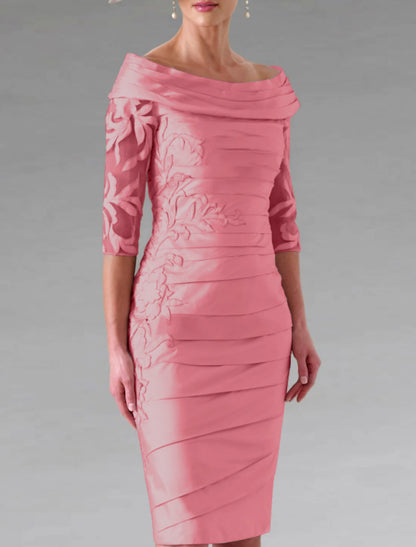 Sheath / Column Mother of the Bride Dress Wedding Guest Elegant Off Shoulder Knee Length Taffeta Half Sleeve with Appliques Ruching
