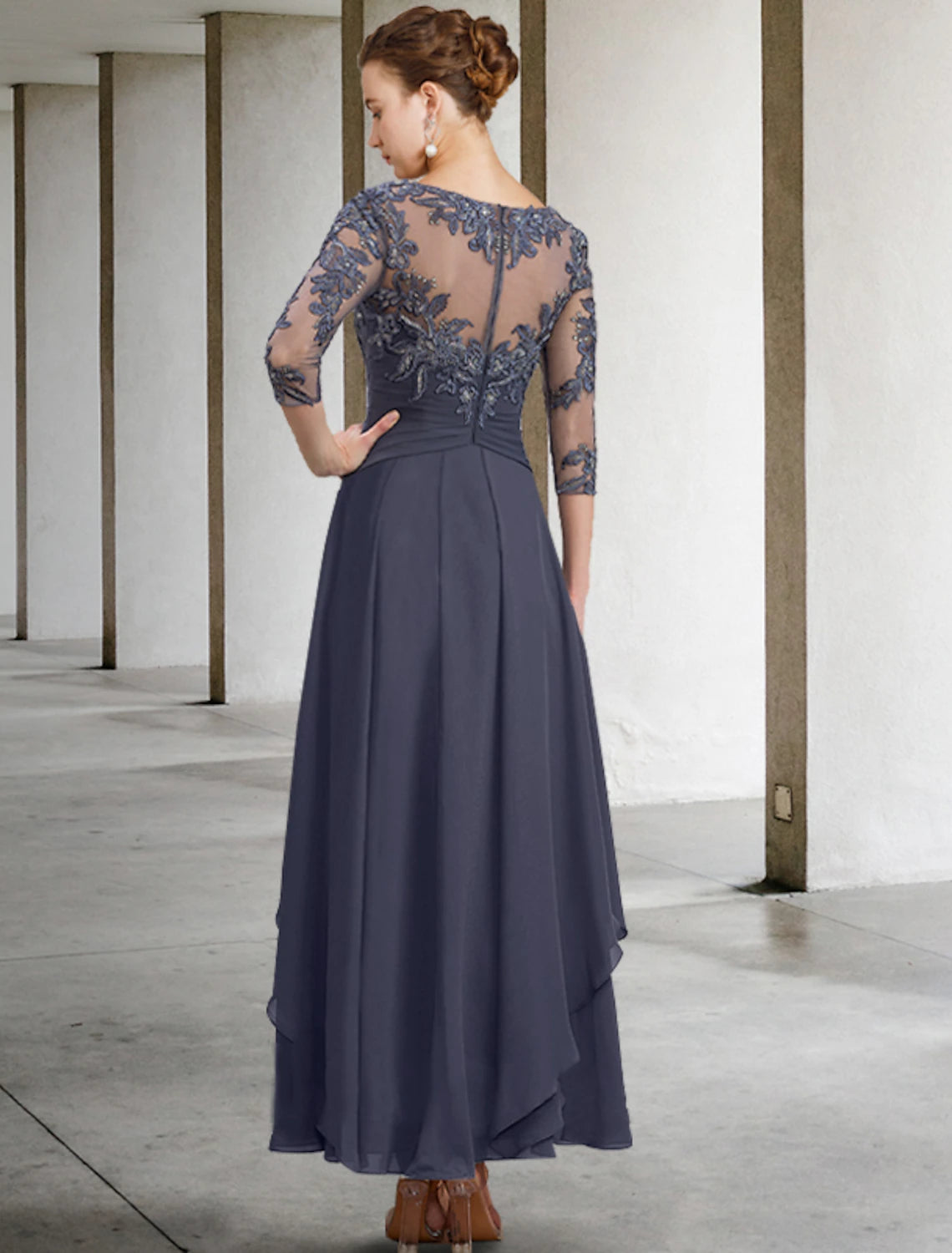 A-Line Mother of the Bride Dress Wedding Guest Elegant Plus Size Jewel Neck Ankle Length Chiffon Lace 3/4 Length Sleeve with Ruched Sequin Appliques