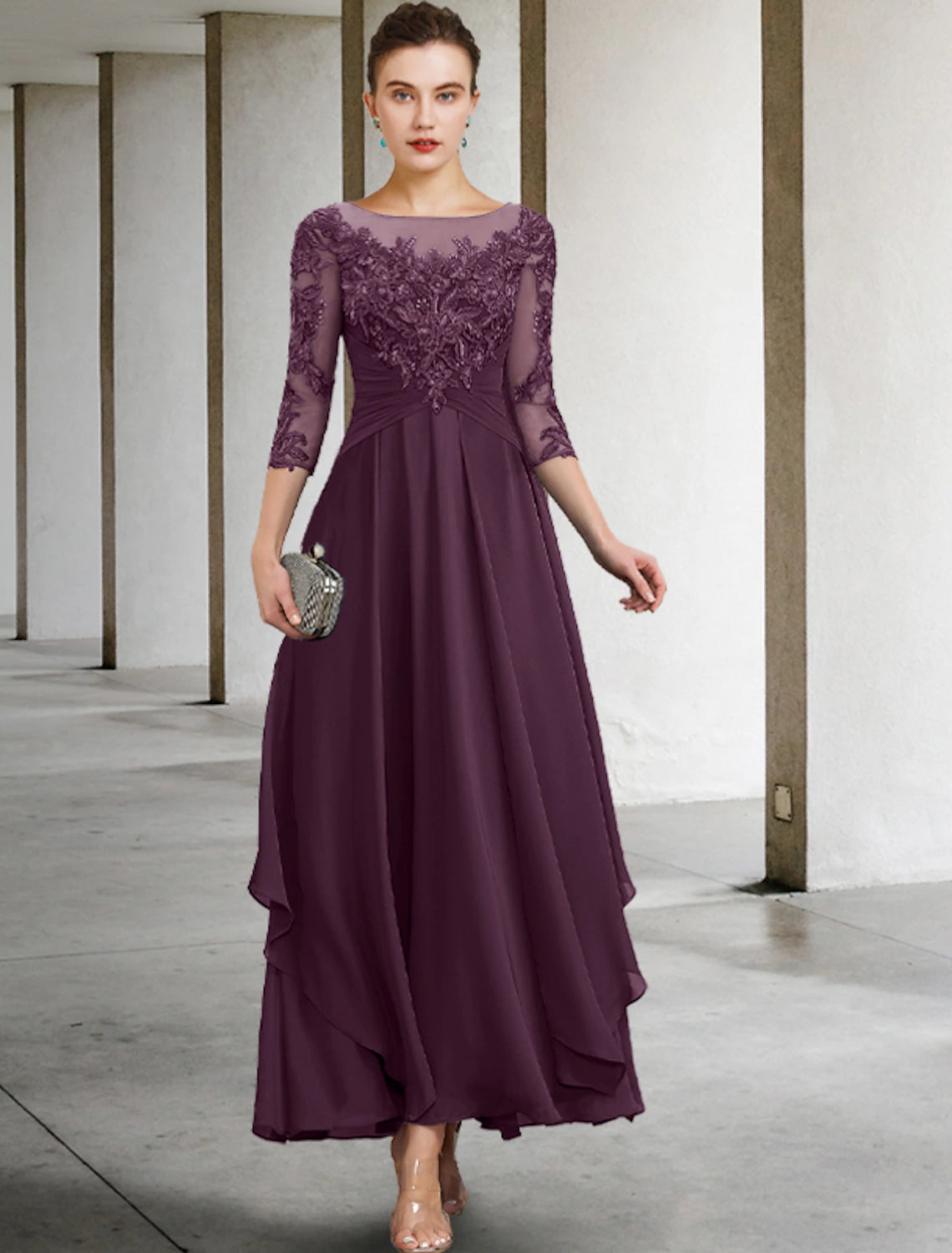 A-Line Mother of the Bride Dress Wedding Guest Elegant Plus Size Jewel Neck Ankle Length Chiffon Lace 3/4 Length Sleeve with Ruched Sequin Appliques