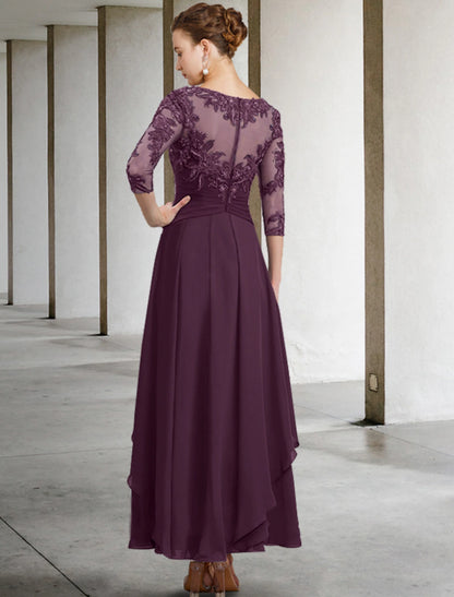 A-Line Mother of the Bride Dress Wedding Guest Elegant Plus Size Jewel Neck Ankle Length Chiffon Lace 3/4 Length Sleeve with Ruched Sequin Appliques