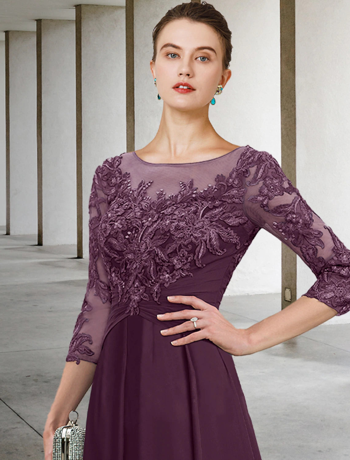 A-Line Mother of the Bride Dress Wedding Guest Elegant Plus Size Jewel Neck Ankle Length Chiffon Lace 3/4 Length Sleeve with Ruched Sequin Appliques