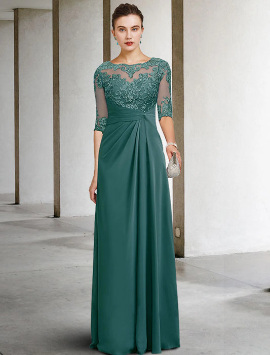 Sheath / Column Mother of the Bride Dress Wedding Guest Elegant Plus Size Jewel Neck Floor Length Chiffon Lace Short Sleeve with Appliques Side-Draped