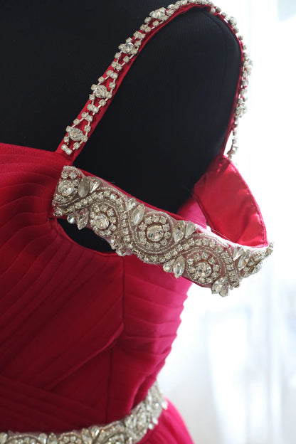 Off-shoulder Ruby Red Japanese A-line Soft Tulle Prom Dress