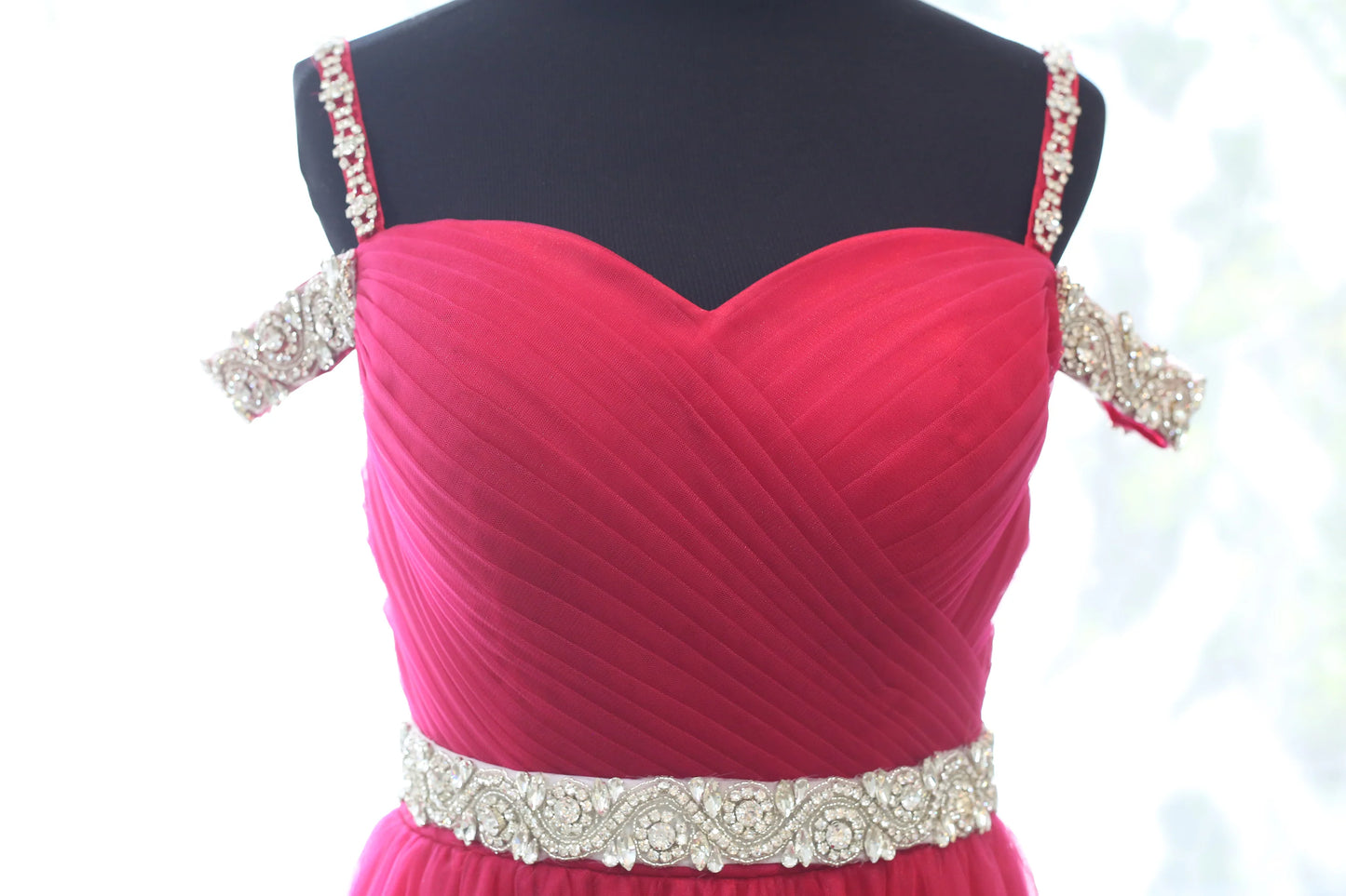 Off-shoulder Ruby Red Japanese A-line Soft Tulle Prom Dress