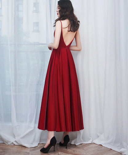 A-Line Satin Burgundy Prom Dress Burgundy Tea Length Evening Dress