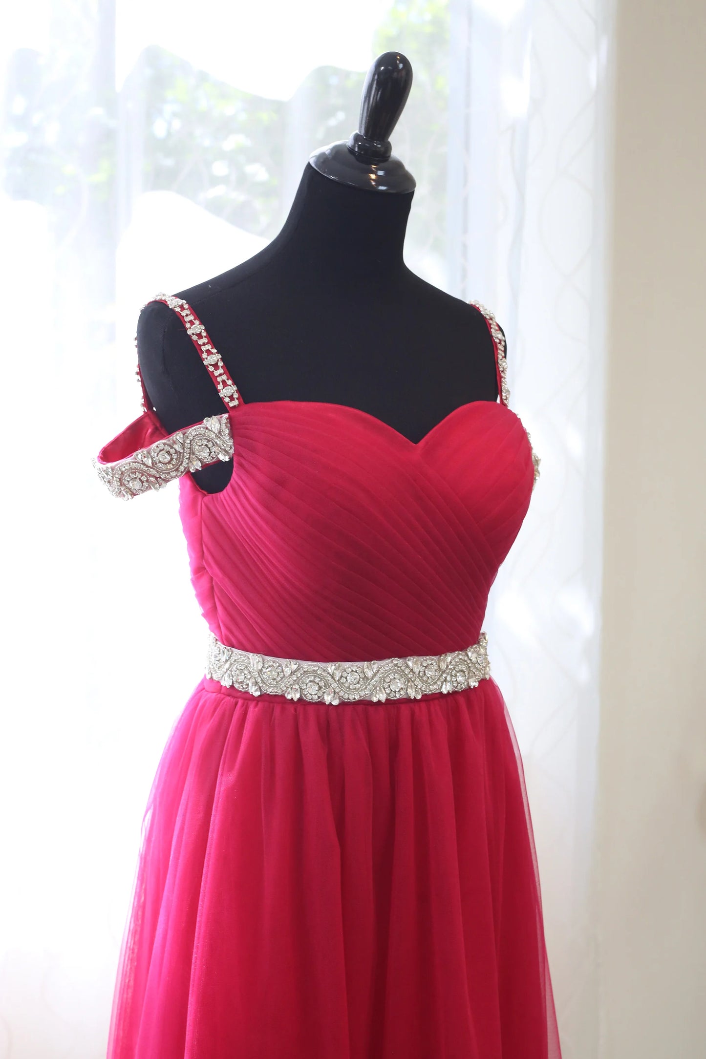Off-shoulder Ruby Red Japanese A-line Soft Tulle Prom Dress
