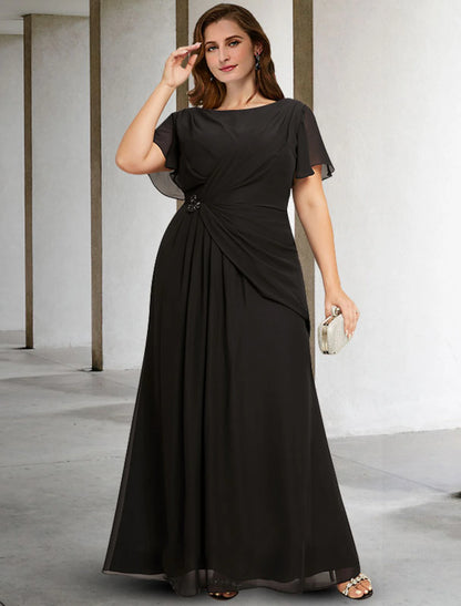 A-Line Plus Size Curve Mother of the Bride Dresses Elegant Cape Dress Dress Formal Wedding Guest Floor Length Sleeveless Jewel Neck Chiffon with Ruched Crystals