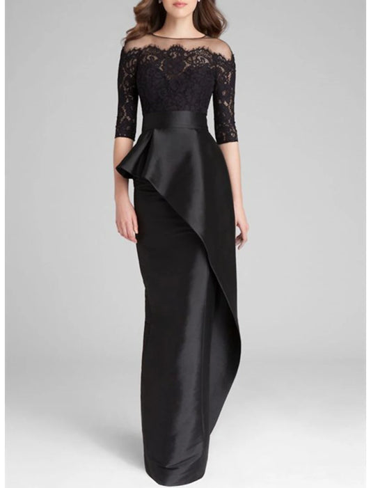 Mermaid / Trumpet Mother of the Bride Dress Wedding Guest Elegant Simple Jewel Neck Floor Length Satin Lace Half Sleeve with Ruffles Appliques