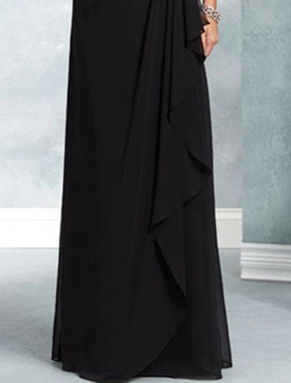 A-Line Mother of the Bride Dress Wedding Guest Elegant Party Jewel Neck Floor Length Chiffon Lace 3/4 Length Sleeve with Sash / Ribbon Appliques
