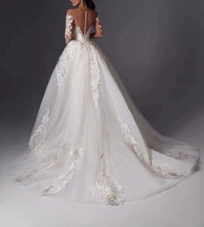Engagement Formal Wedding Dresses Mermaid Trumpet Off Shoulder Long Sleeve Court Train Satin Bridal Gowns With Appliques Solid Color
