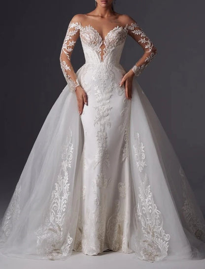Engagement Formal Wedding Dresses Mermaid Trumpet Off Shoulder Long Sleeve Court Train Satin Bridal Gowns With Appliques Solid Color
