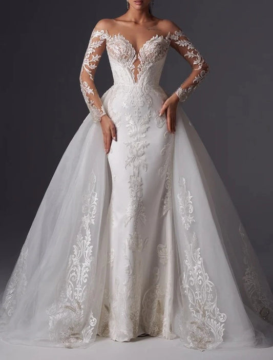 Engagement Formal Wedding Dresses Mermaid Trumpet Off Shoulder Long Sleeve Court Train Satin Bridal Gowns With Appliques Solid Color