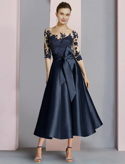 Sheath / Column Mother of the Bride Dress Wedding Guest Elegant Party Scoop Neck Ankle Length Satin Lace Half Sleeve with Bow(s) Pleats
