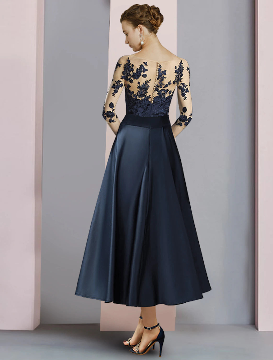 Sheath / Column Mother of the Bride Dress Wedding Guest Elegant Party Scoop Neck Ankle Length Satin Lace Half Sleeve with Bow(s) Pleats