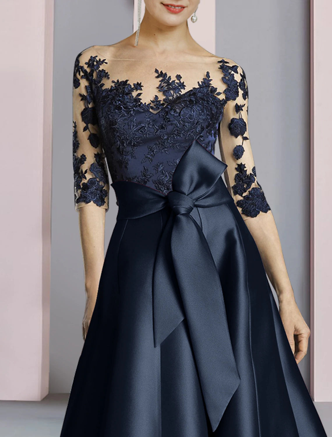 Sheath / Column Mother of the Bride Dress Wedding Guest Elegant Party Scoop Neck Ankle Length Satin Lace Half Sleeve with Bow(s) Pleats