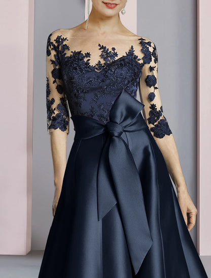 Sheath / Column Mother of the Bride Dress Wedding Guest Elegant Party Scoop Neck Ankle Length Satin Lace Half Sleeve with Bow(s) Pleats