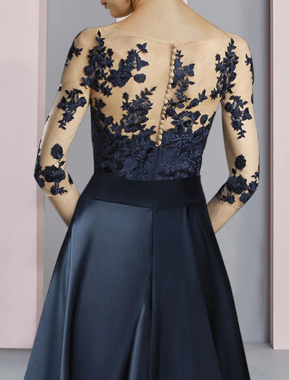Sheath / Column Mother of the Bride Dress Wedding Guest Elegant Party Scoop Neck Ankle Length Satin Lace Half Sleeve with Bow(s) Pleats