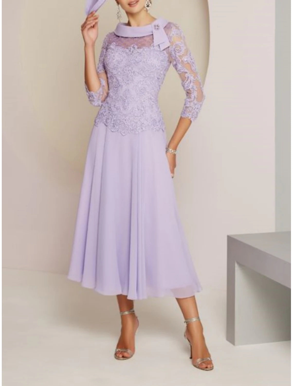 Sheath / Column Mother of the Bride Dress Wedding Guest Party Sweet Scoop Neck Tea Length Chiffon Lace 3/4 Length Sleeve with Pleats Beading