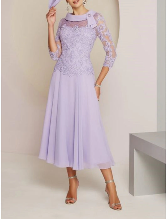 Sheath / Column Mother of the Bride Dress Wedding Guest Party Sweet Scoop Neck Tea Length Chiffon Lace 3/4 Length Sleeve with Pleats Beading