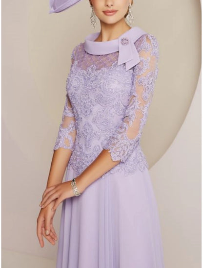 Sheath / Column Mother of the Bride Dress Wedding Guest Party Sweet Scoop Neck Tea Length Chiffon Lace 3/4 Length Sleeve with Pleats Beading
