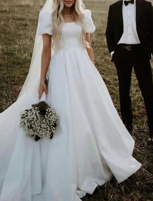 Wedding Dresses Ball Gown Square Neck Short Sleeve Chapel Train Satin Bridal Gowns With