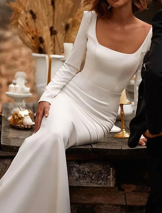 Reception Open Back Royal Style Simple Wedding Dresses Mermaid Trumpet Square Neck Long Sleeve Court Train Satin Bridal Gowns With Solid Color