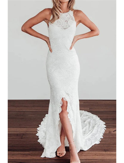 Beach Open Back Boho Wedding Dresses Mermaid Trumpet Halter Neck Sleeveless Chapel Train Lace Bridal Gowns With Appliques Solid Color