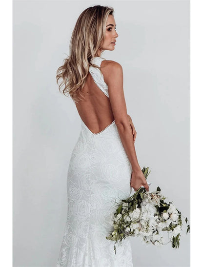 Beach Open Back Boho Wedding Dresses Mermaid Trumpet Halter Neck Sleeveless Chapel Train Lace Bridal Gowns With Appliques Solid Color