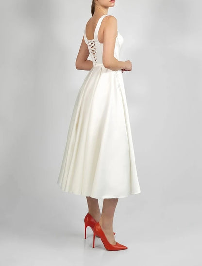White Dresses Wedding Dresses A-Line Scoop Neck Sleeveless Tea Length Satin Bridal Gowns With Pleats Solid Color