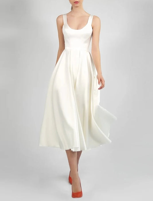 White Dresses Wedding Dresses A-Line Scoop Neck Sleeveless Tea Length Satin Bridal Gowns With Pleats Solid Color