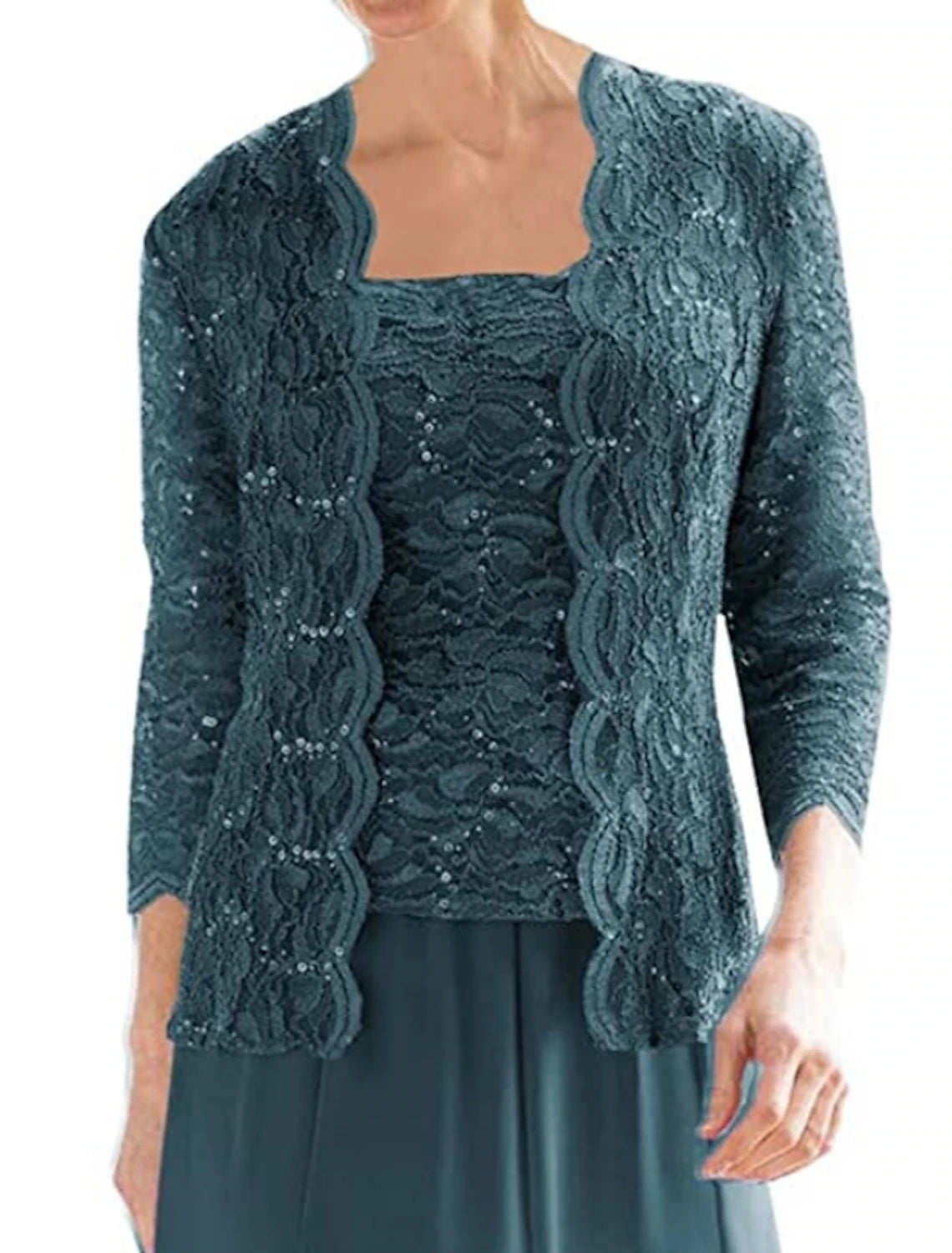 Two Piece Sheath / Column Mother of the Bride Dress Elegant Vintage Sparkle & Shine Square Neck Tea Length Chiffon Lace 3/4 Length Sleeve with Pleats Sequin
