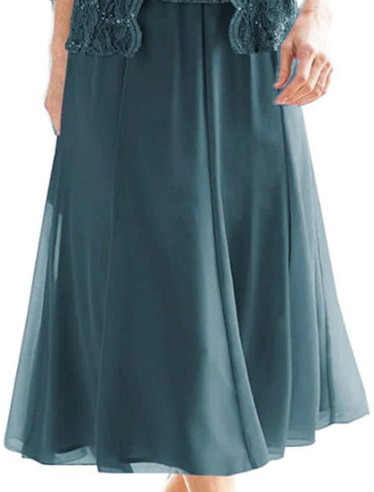 Two Piece Sheath / Column Mother of the Bride Dress Elegant Vintage Sparkle & Shine Square Neck Tea Length Chiffon Lace 3/4 Length Sleeve with Pleats Sequin
