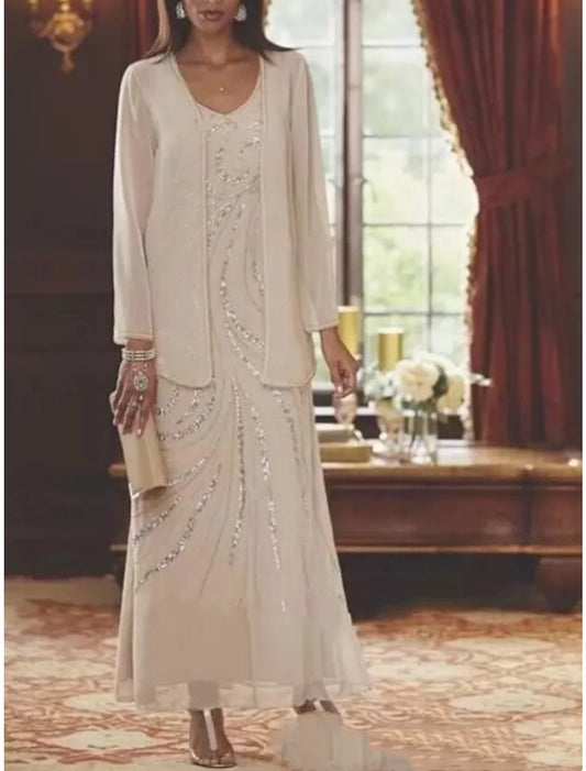Two Piece Sheath / Column Mother of the Bride Dress Wedding Guest Elegant Sparkle & Shine V Neck Ankle Length Chiffon Sequined Long Sleeve with Sequin