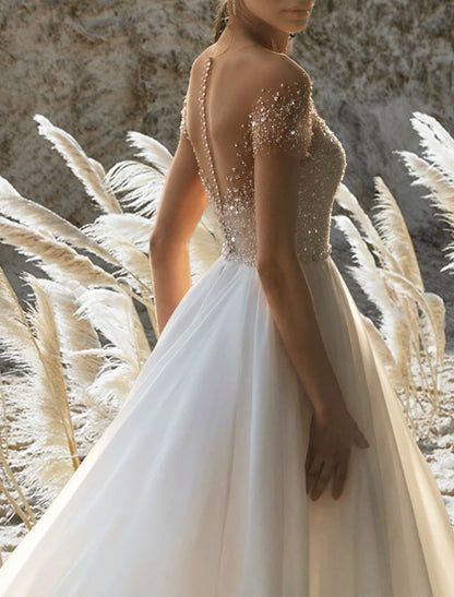 A-Line Off Shoulder Short Sleeve Court Train Chiffon Bridal Gowns With Pleats Beading