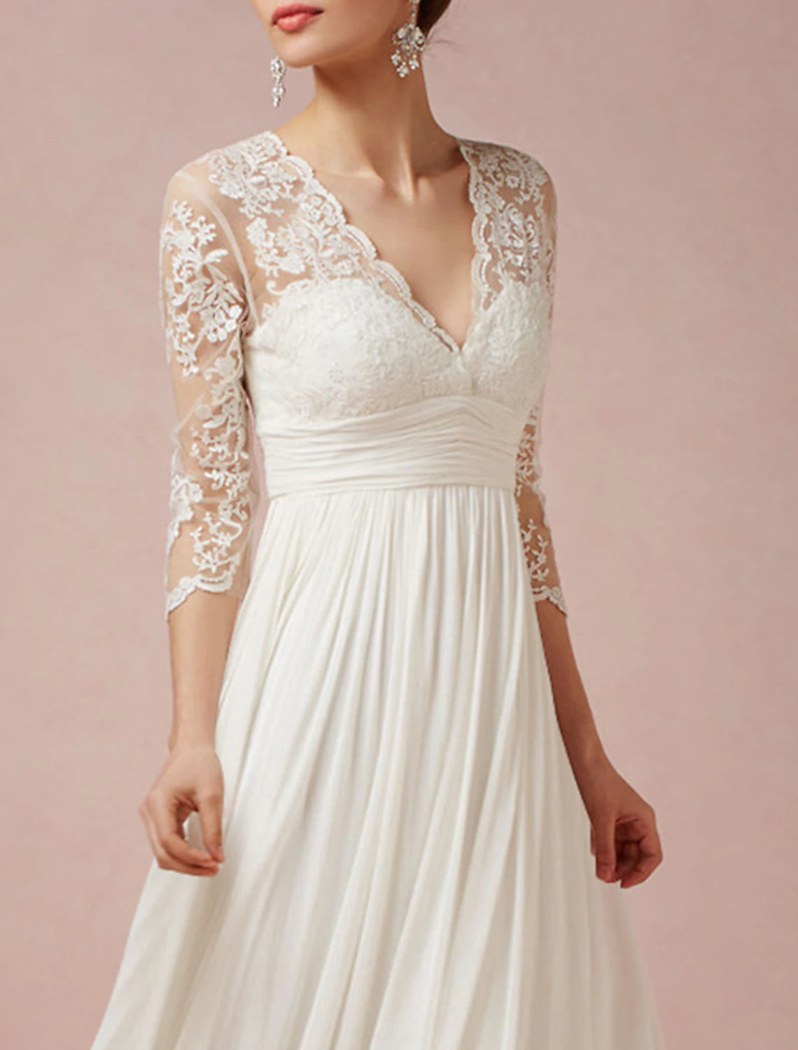 Mature Wedding Dresses Sheath Column V Neck 3/4 Length Sleeve Asymmetrical Chiffon Bridal Gowns With Pleats Ruched