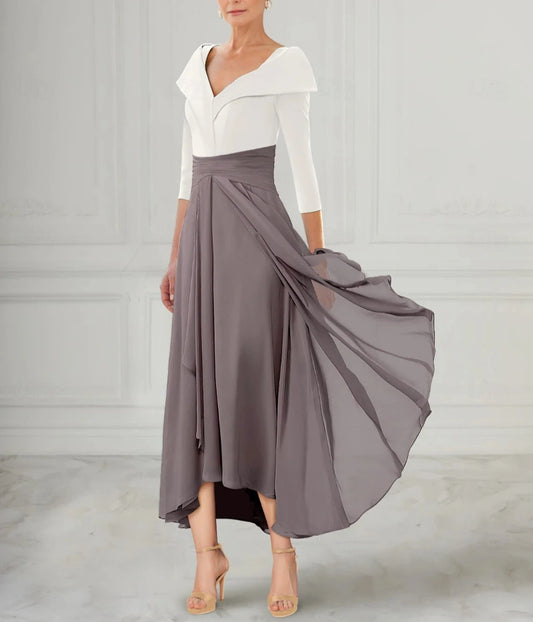 A-Line Mother of the Bride Dress Elegant V Neck Asymmetrical Ankle Length Chiffon 3/4 Length Sleeve with