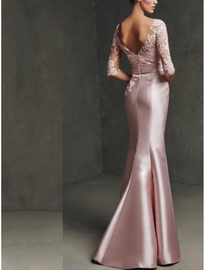 Mermaid / Trumpet Mother of the Bride Dress Formal Elegant Party Scoop Neck Floor Length Satin Lace 3/4 Length Sleeve with Pleats Split Front