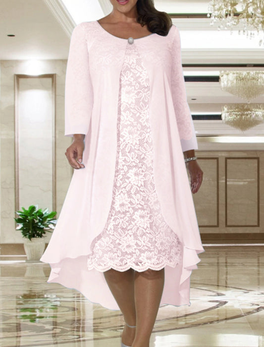 Two Piece A-Line Mother of the Bride Dress Wedding Guest Elegant Plus Size Jewel Neck Tea Length Chiffon Lace Short Sleeve Jacket Dresses with Solid Color
