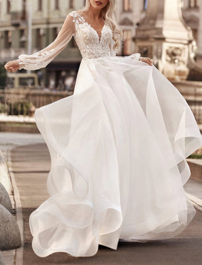 A-Line V Neck Long Sleeve Court Train Lace Bridal Gowns With Appliques Solid Color